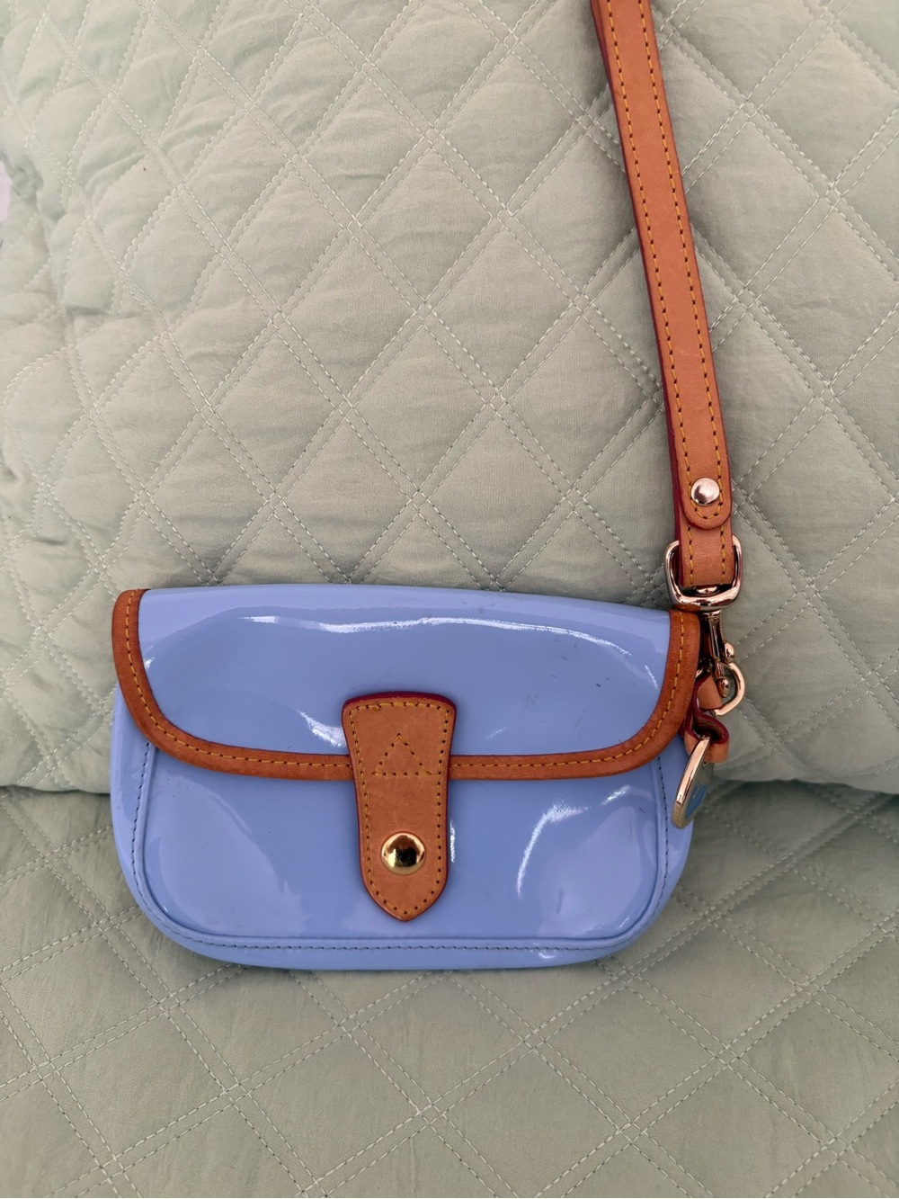 Dooney & Bourke Light Blue Patent Wristlet with Tan Trim